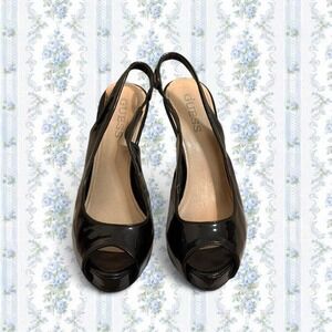 Guess Women's Size 8.5 Glossy Black peep toe slingback pump heels